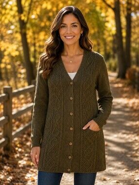 Karen Scott Women's Olive Cable-Knit Long Button Cardigan Size S